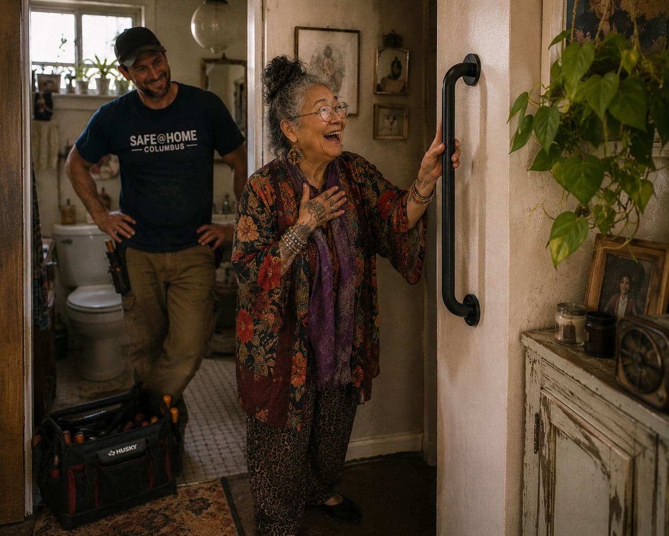 Stylish older woman with tattoos and bold fashion reacting joyfully to a newly installed grab bar